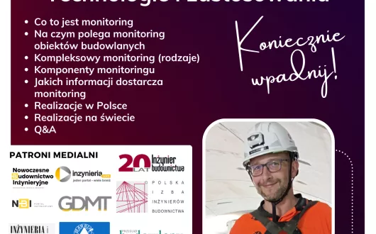 Plakat spotkania z ekspertem od monitoringu obiektów budowlanych