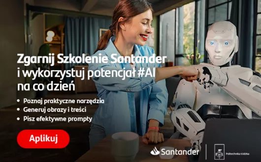 Plakat reklamujący szkolenie z logiem Politechniki Łódzkiej i Santander