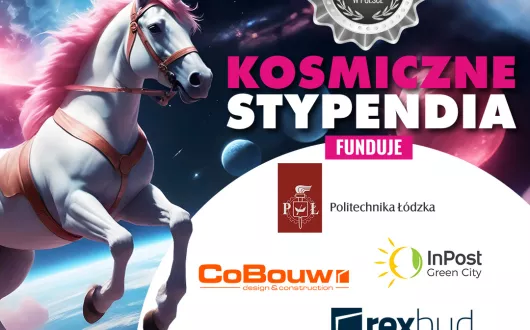 Plakat kosmicznych stypendiów z logotypami fundatorów