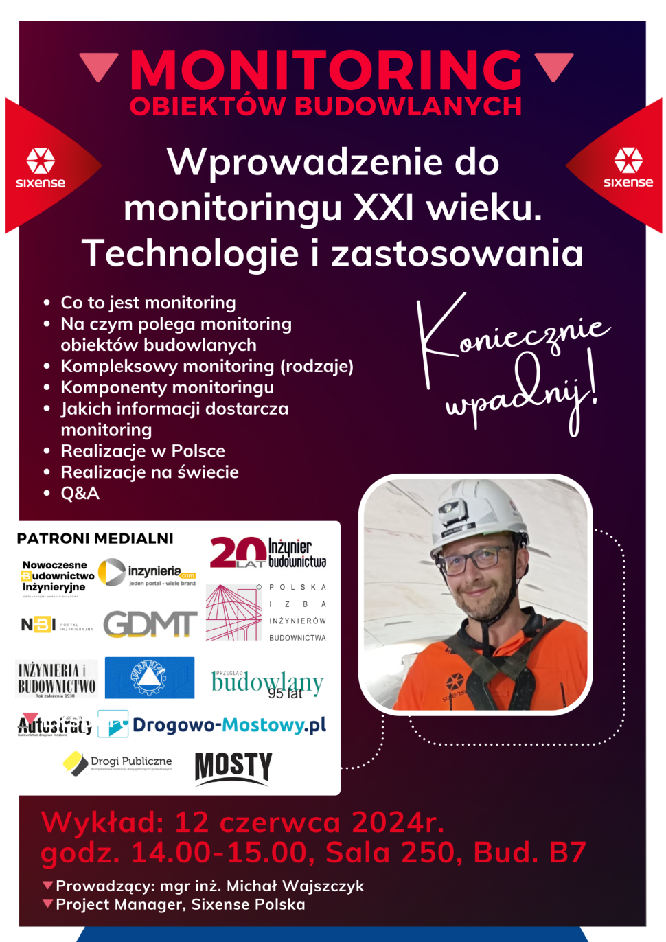 Plakat spotkania z ekspertem od monitoringu obiektów budowlanych