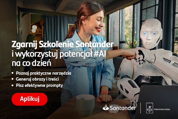 Plakat reklamujący szkolenie z logiem Politechniki Łódzkiej i Santander