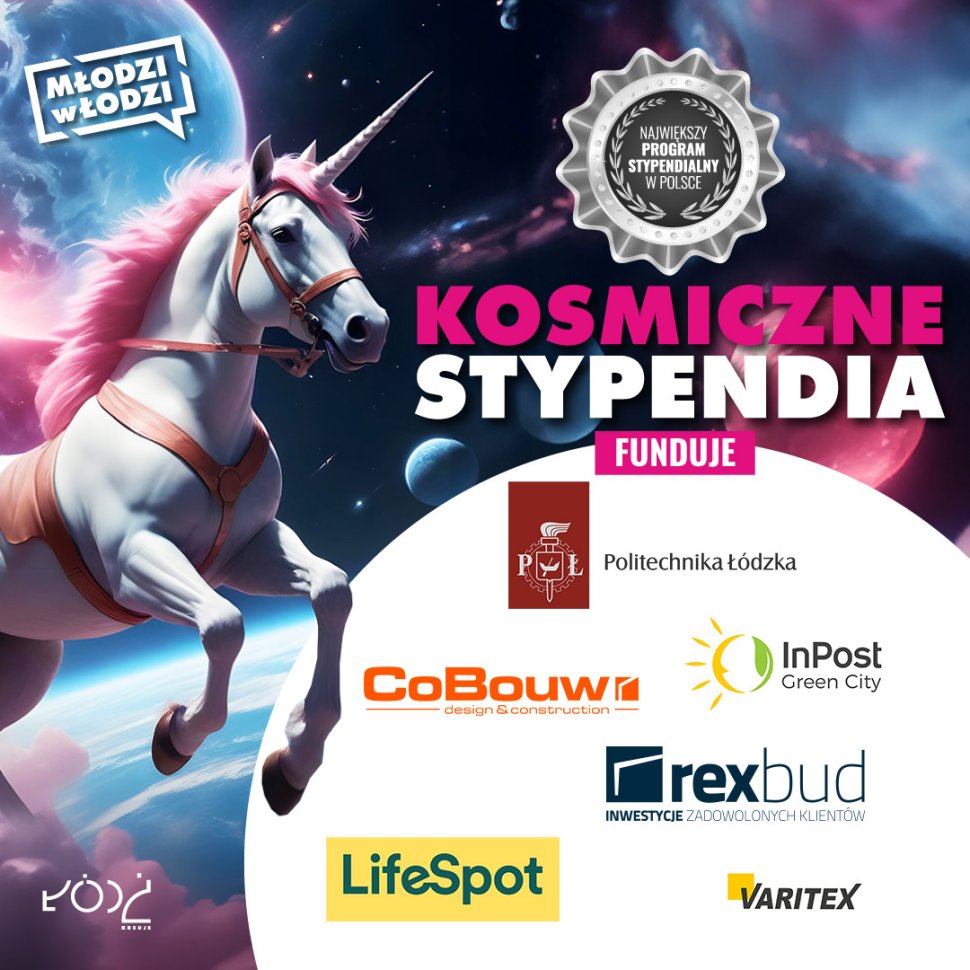 Plakat kosmicznych stypendiów z logotypami fundatorów