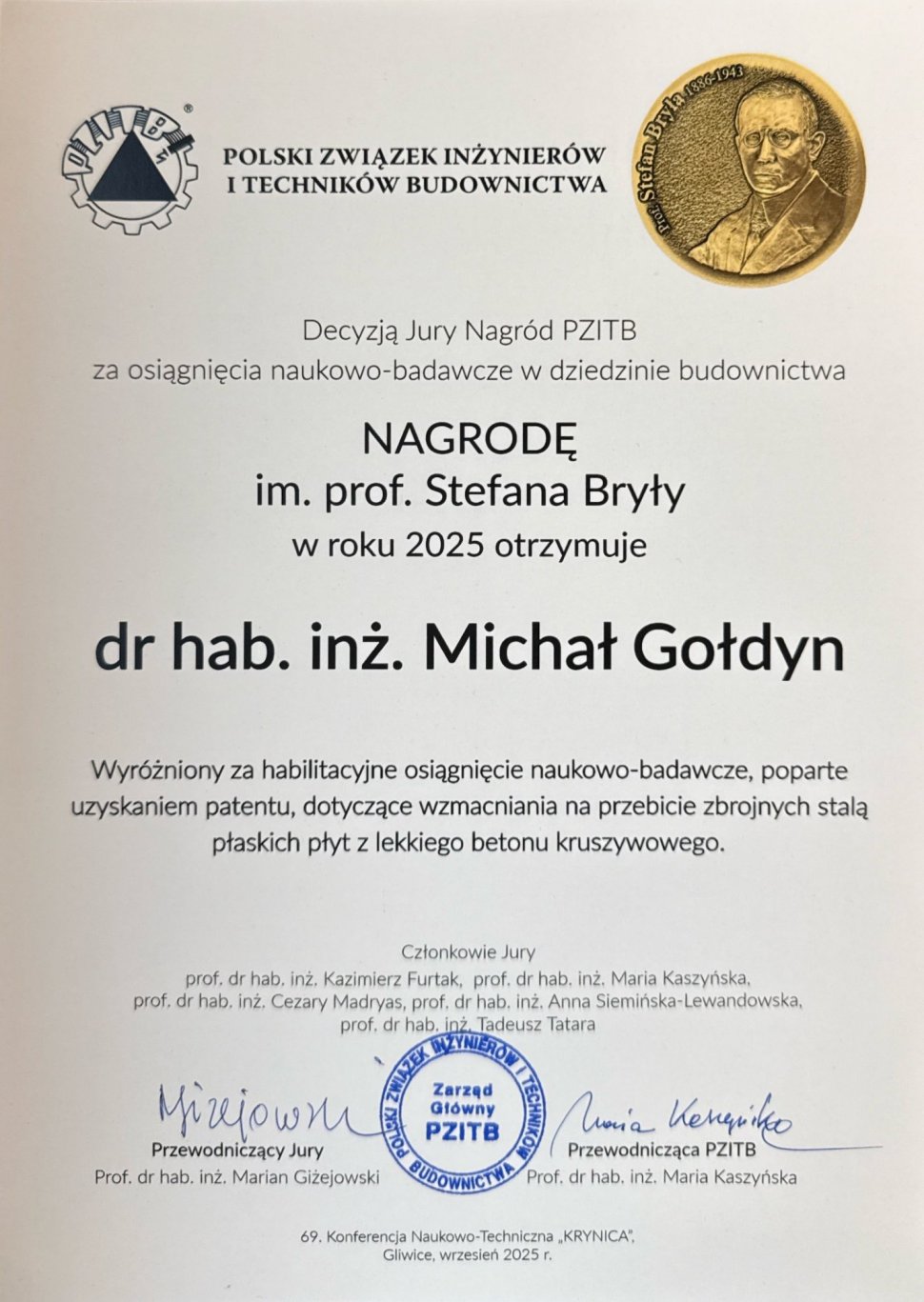 Nagroda im. prof. Stefana Bryły - dyplom