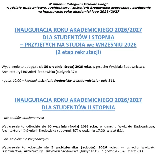 Inauguracja - terminy